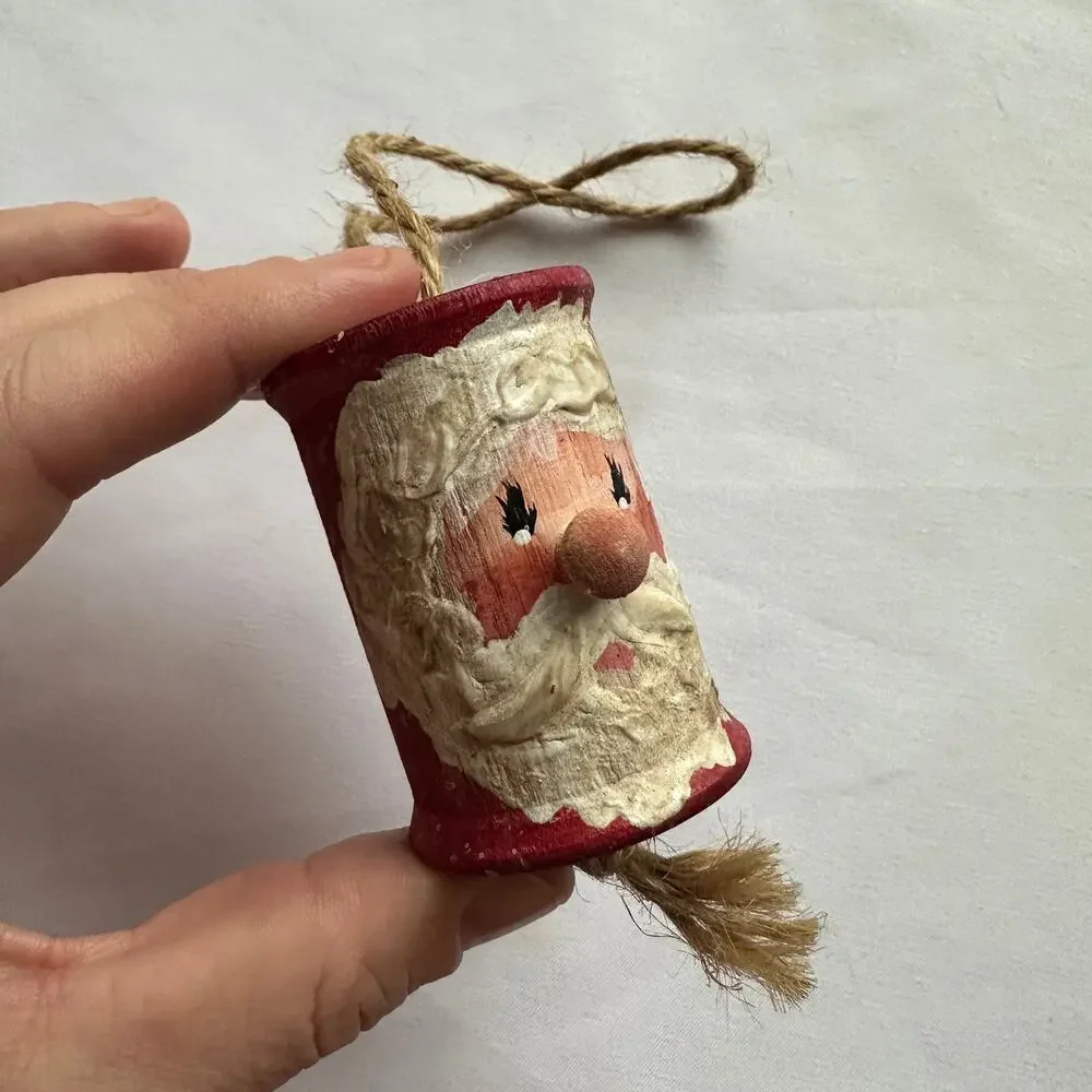 Vintage Hand Painted Thread Spool Santa Primitive Farmhouse Christmas Ornament
